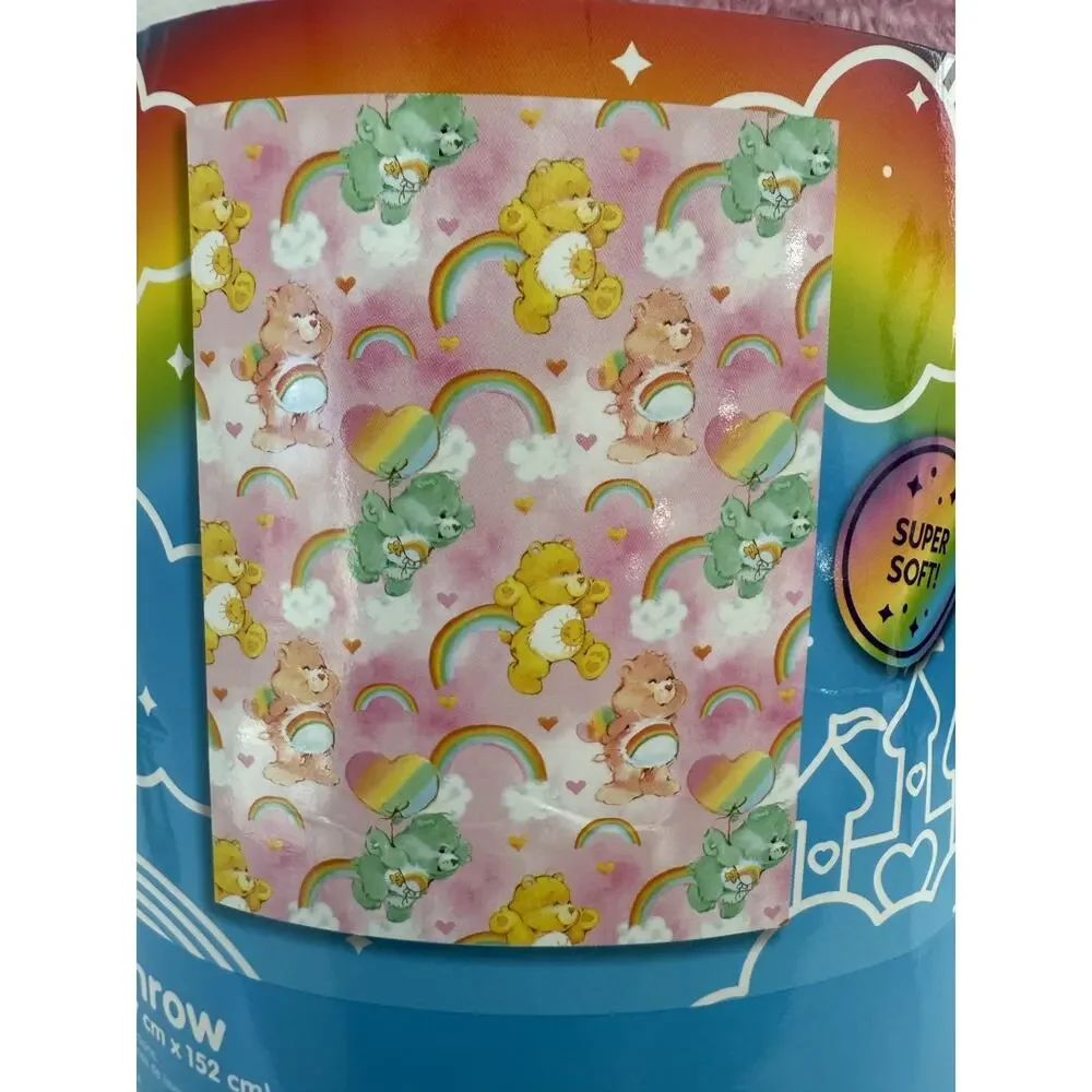 Care Bears Plush Throw Blanket 46x60 Pink Rainbow Hearts Super Soft NWT Franco